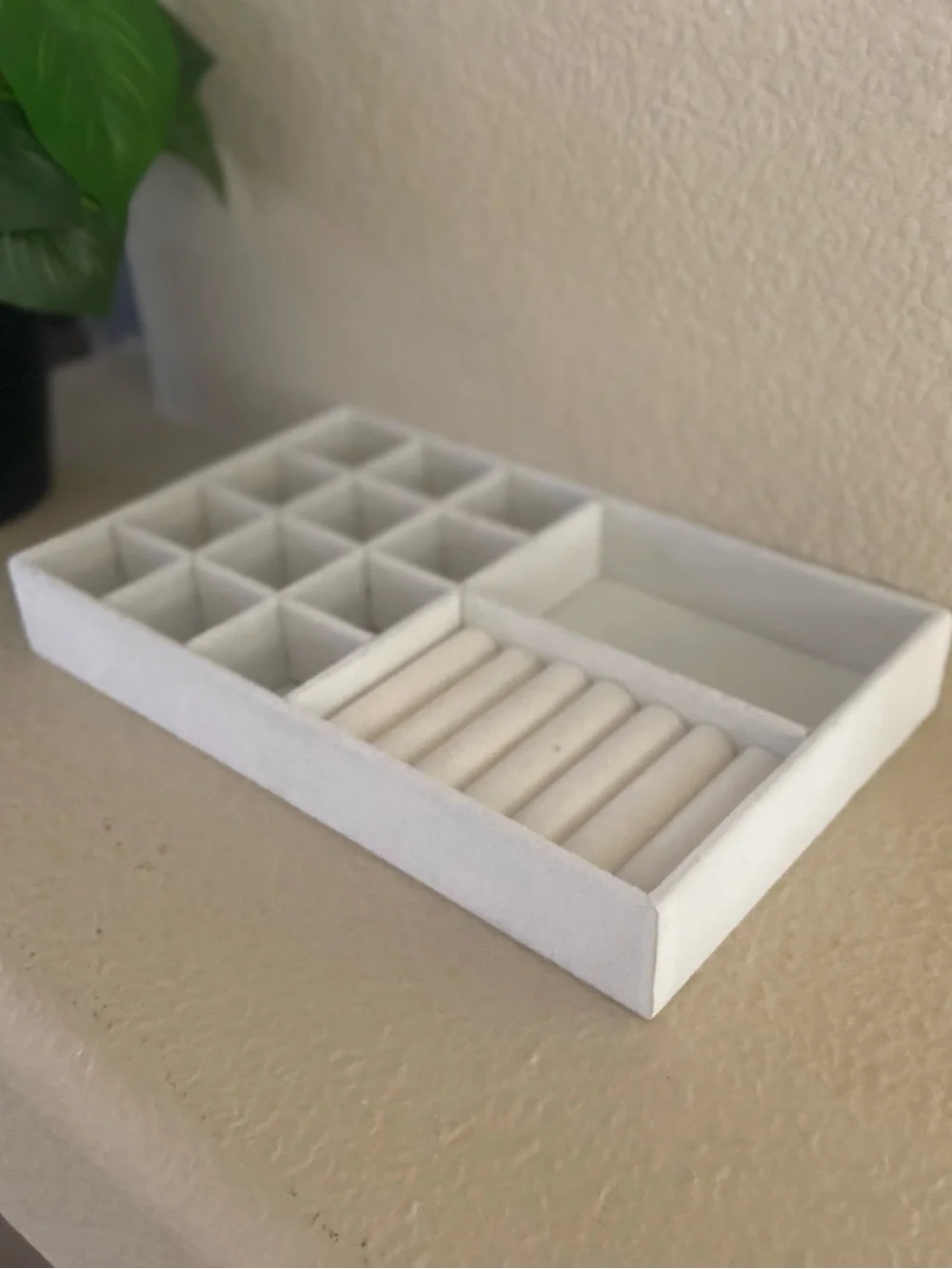 White Jewelry Organizer Tray with Ring Roll and Compartments